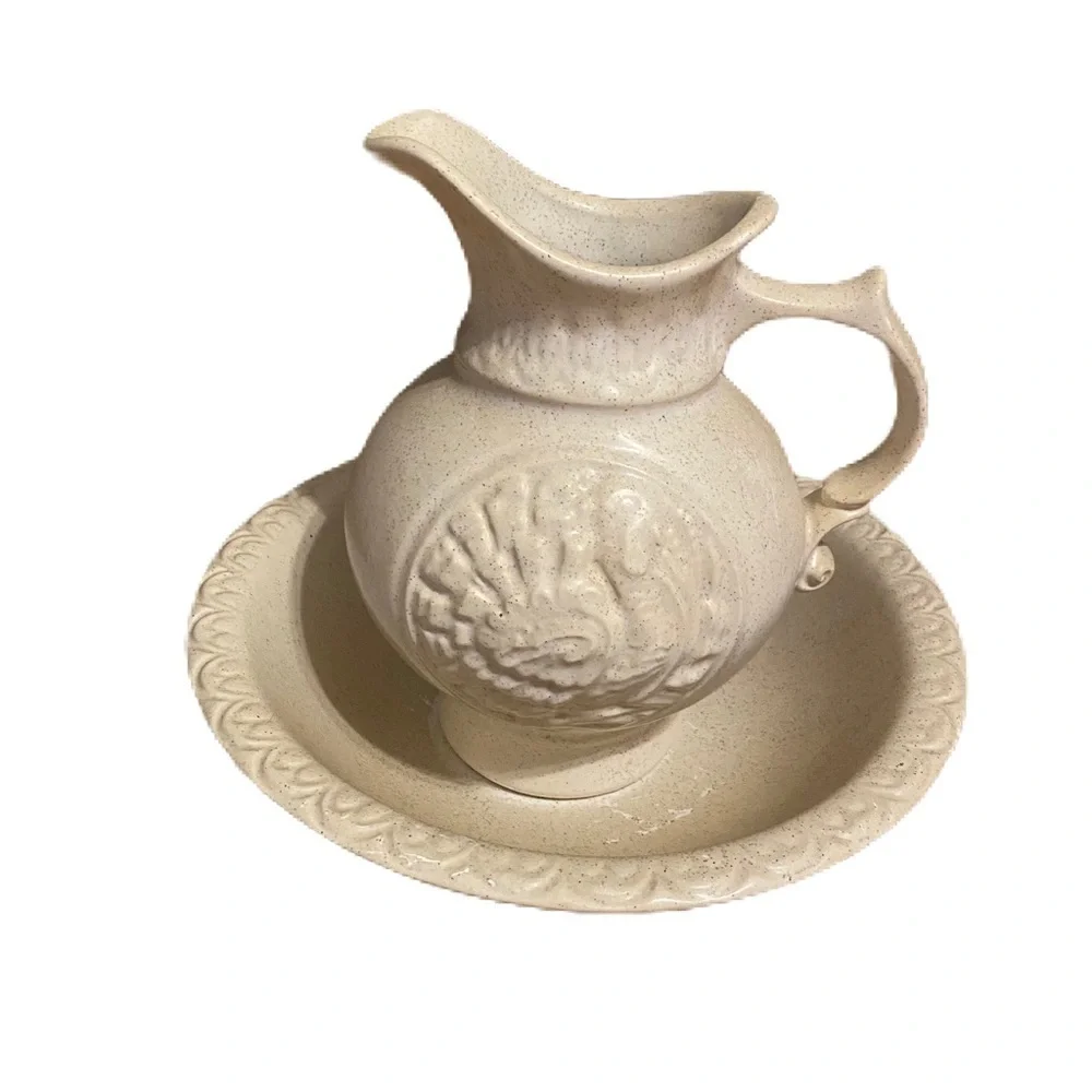 Vintage McCoy Pottery Turkey Pitcher & Bowl Thanksgiving Art Tan Centerpiece